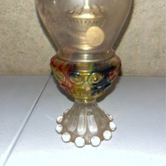 Vintage 8 3/4" Miniature Oil Lamp Clear & Red Flashed Glass Hurricane - Picture 2 of 2